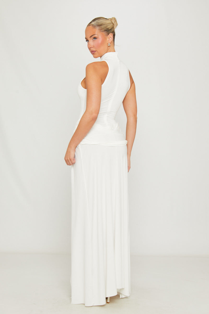 High Neck Draped Thigh Split Maxi Dress in White