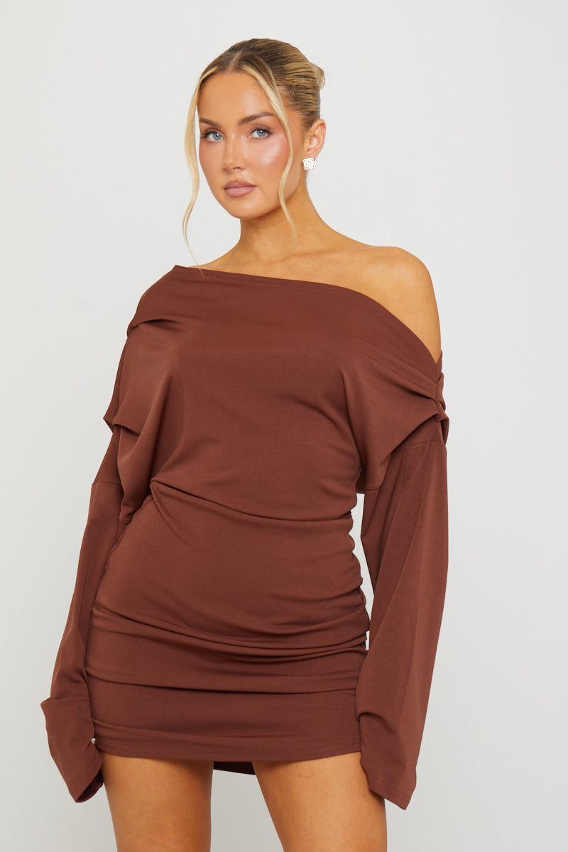 Brown Mini Dress - One Shoulder Draped Long Sleeve