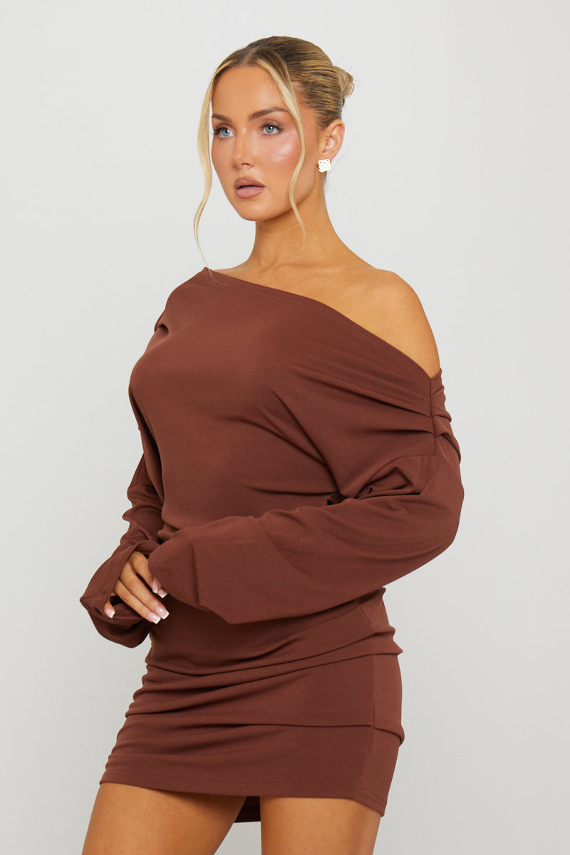 Brown Mini Dress - One Shoulder Draped Long Sleeve