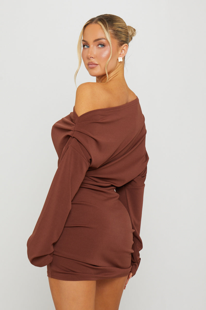 Brown Mini Dress - One Shoulder Draped Long Sleeve