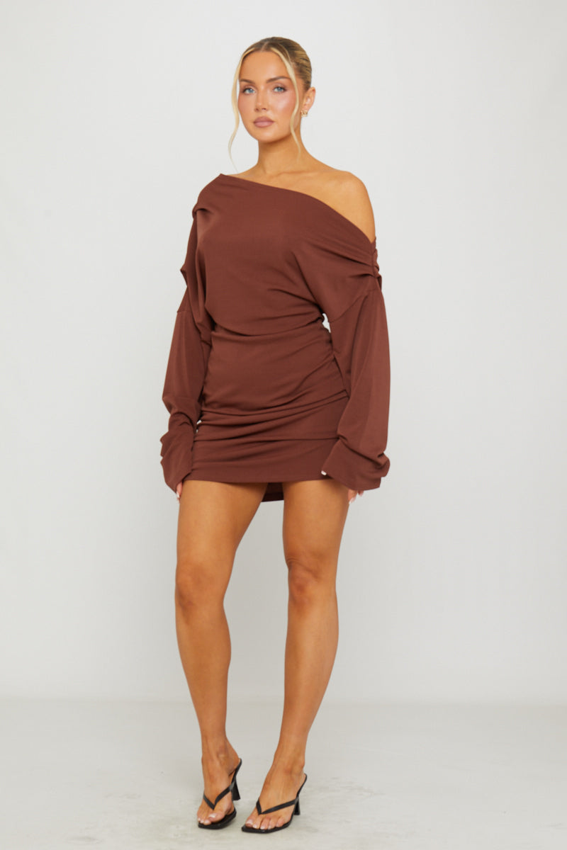 Brown Mini Dress - One Shoulder Draped Long Sleeve