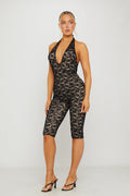 Lace Plunge Open Back Capri Jumpsuit in Black