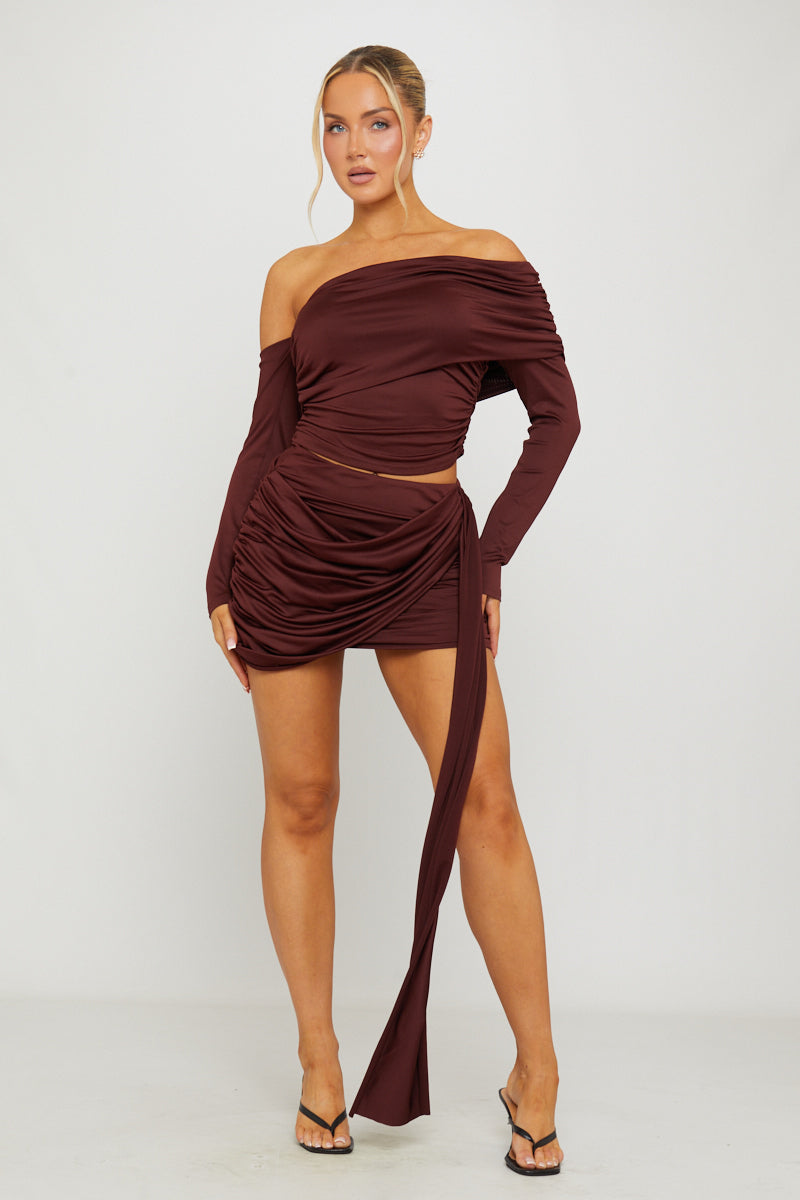 One Shoulder Top & Draped Mini Skirt Co-Ord in Brown