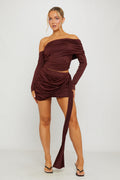One Shoulder Top & Draped Mini Skirt Co-Ord in Brown