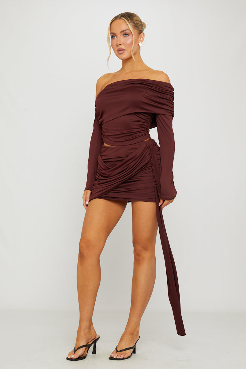 One Shoulder Top & Draped Mini Skirt Co-Ord in Brown