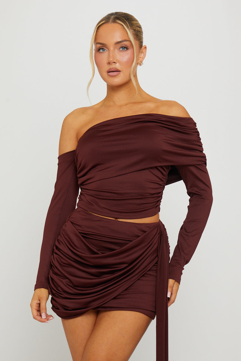 One Shoulder Top & Draped Mini Skirt Co-Ord in Brown