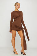 Brown Drapey Long-Sleeve Bodycon Mini Dress - AMRONI