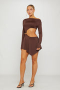 Single Shoulder Asymmetric-Cut Cutout Brown Mini Dress
