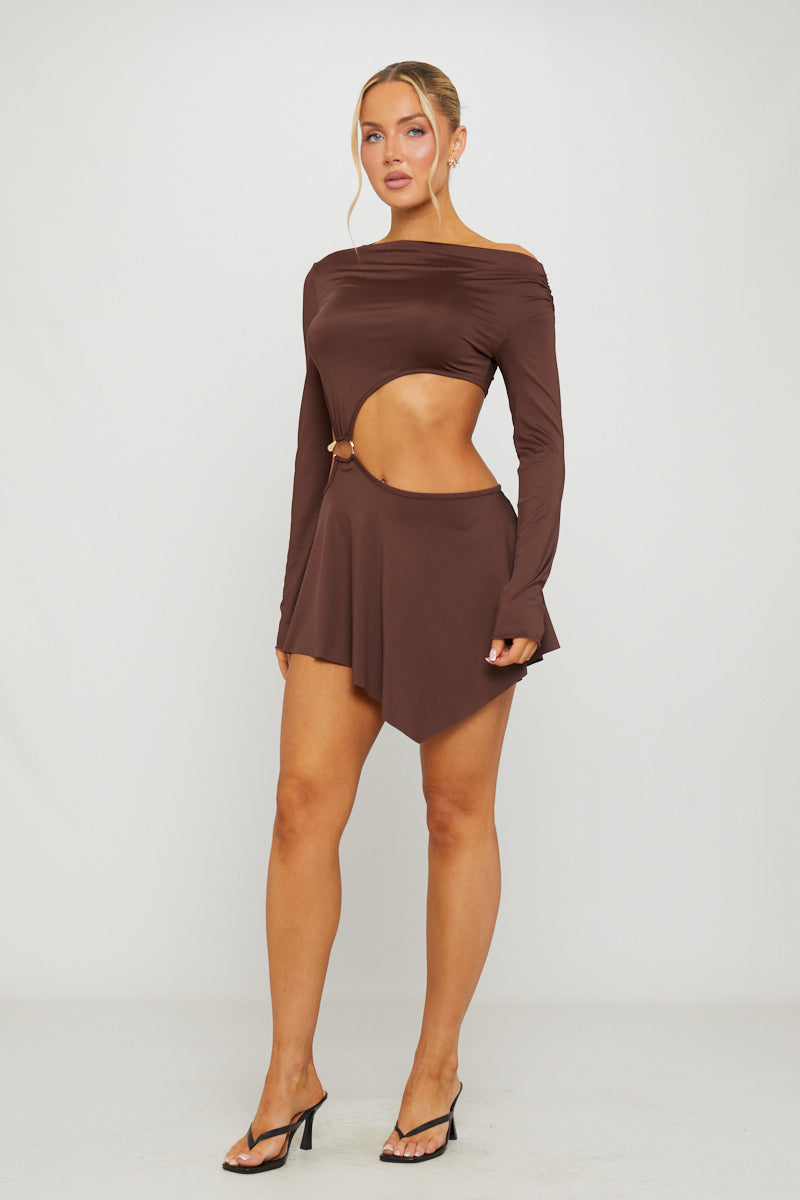 Single Shoulder Asymmetric-Cut Cutout Brown Mini Dress