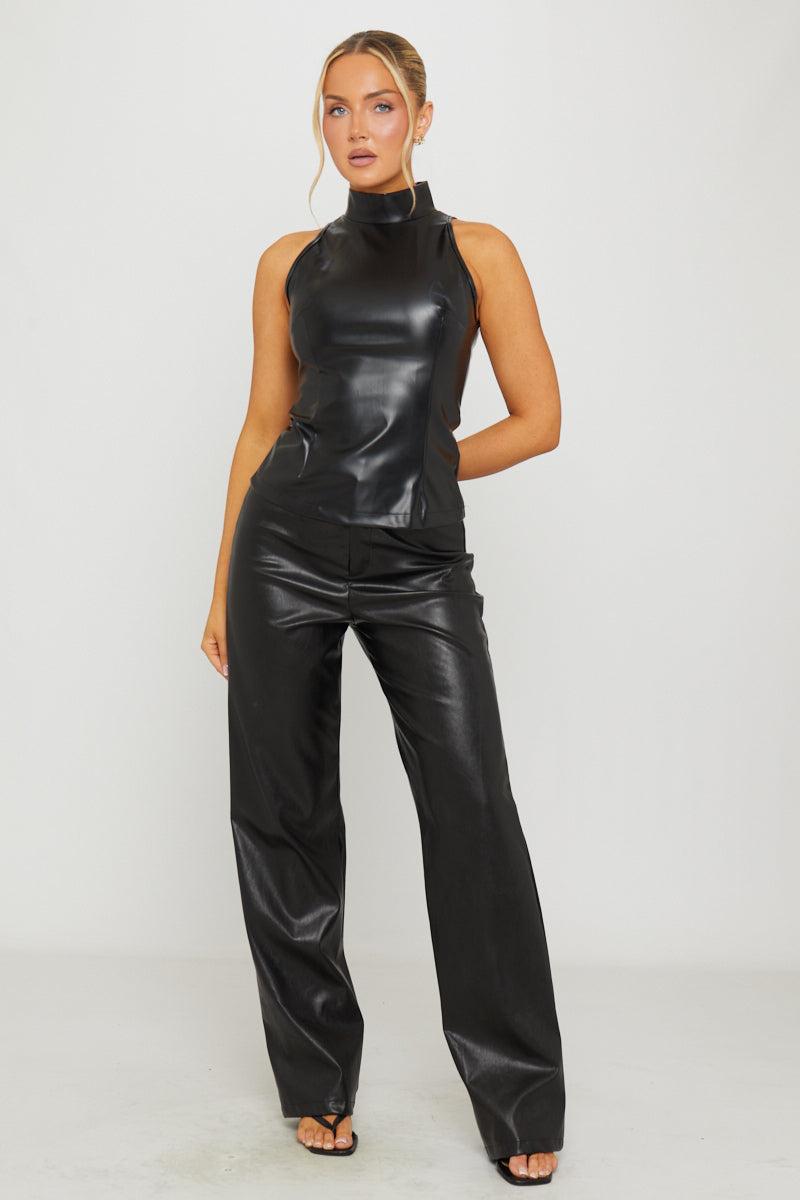 Faux Leather High Neck Sleeveless Top in Black