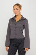 Pin Stripe Long Sleeve Button Up Shirt in Dark Grey