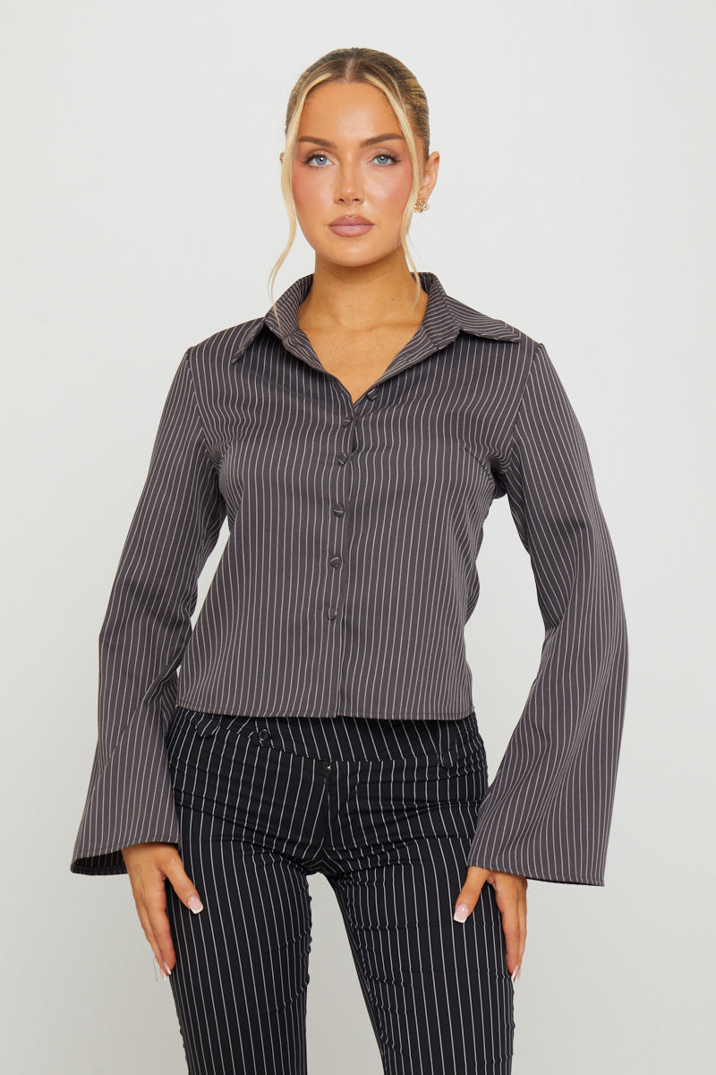 Pin Stripe Long Sleeve Button Up Shirt in Dark Grey