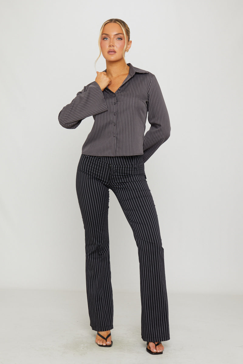 Pin Stripe Long Sleeve Button Up Shirt in Dark Grey