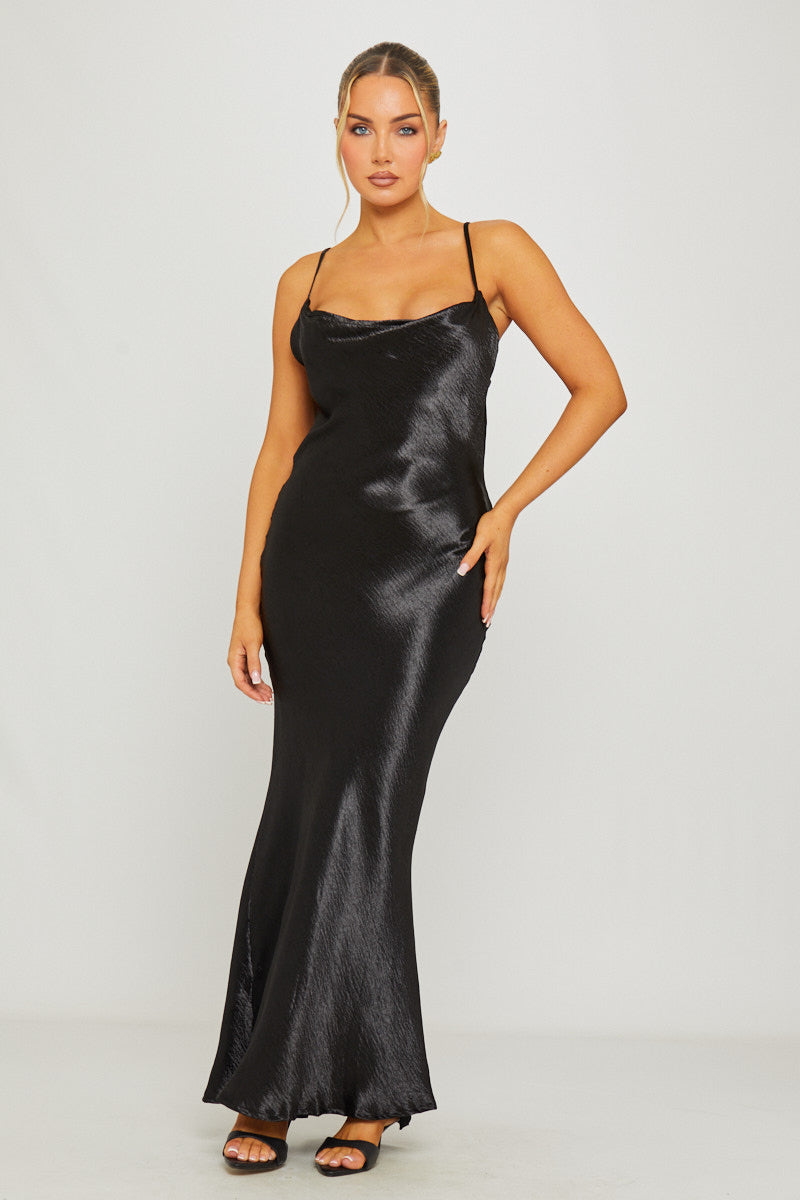 Black Satin Cowl-Neck Slip Maxi Dress