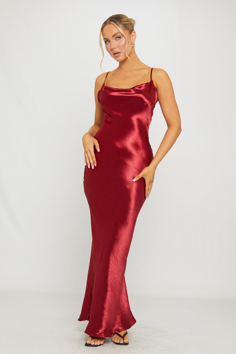 Wine Satin Cowl-Neck Slip Maxi Dress