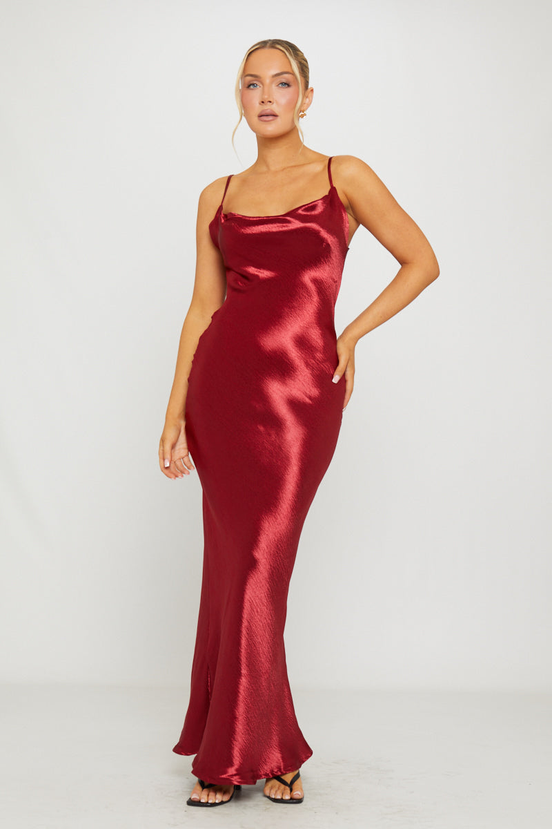 Wine Satin Cowl-Neck Slip Maxi Dress