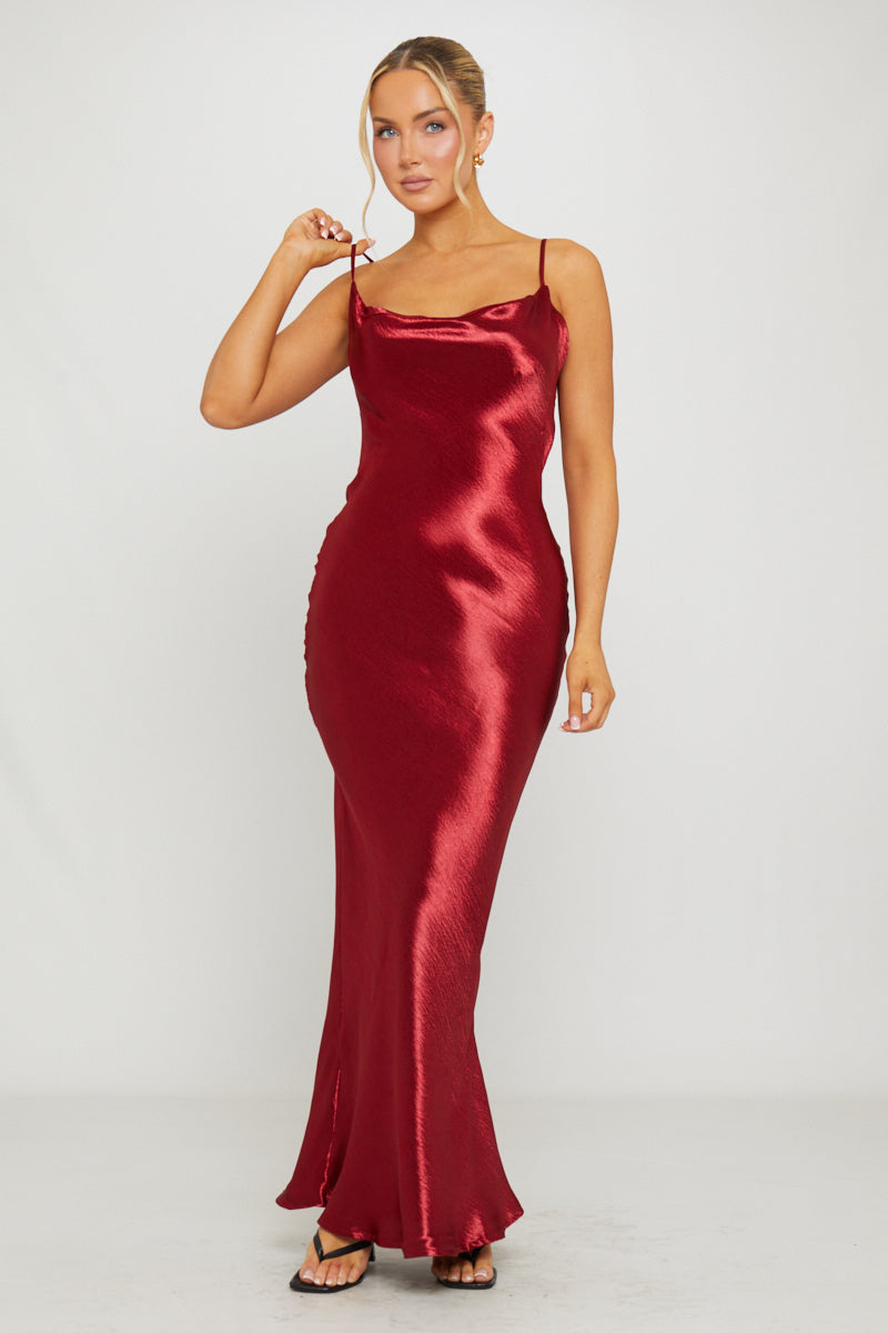 Wine Satin Cowl-Neck Slip Maxi Dress