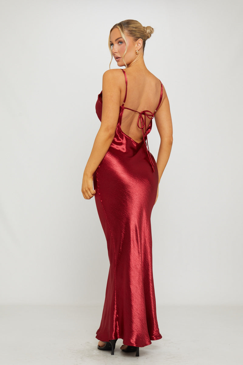 Wine Satin Cowl-Neck Slip Maxi Dress