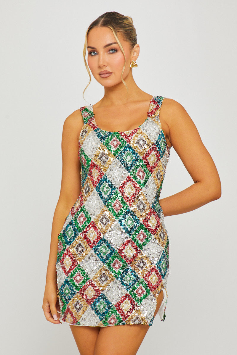 Green/red Mini Dress - Sequin Diamond Detail Square-Neck
