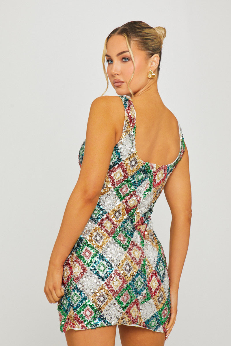 Green/red Mini Dress - Sequin Diamond Detail Square-Neck