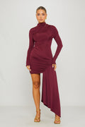 Wine High-Neck Full Sleeve Drapey Mini Dress - AMRONI