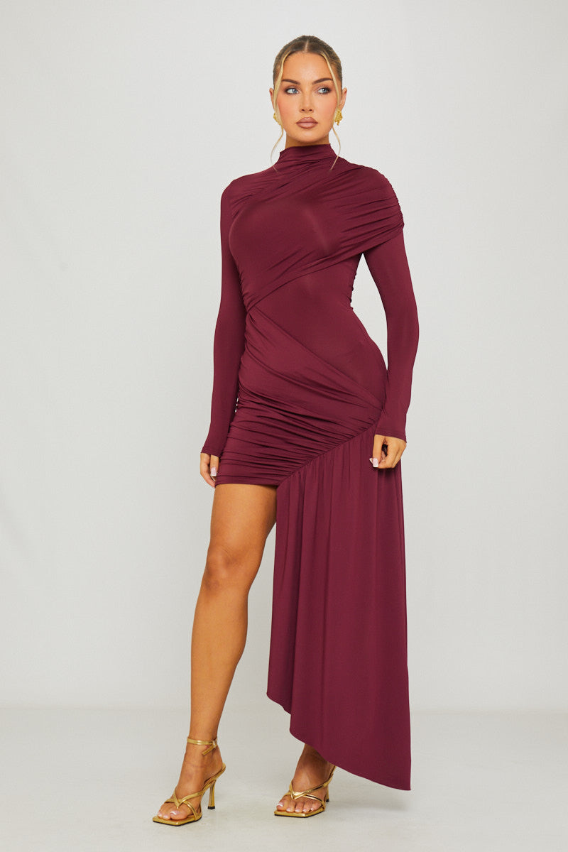 Wine High-Neck Full Sleeve Drapey Mini Dress - AMRONI