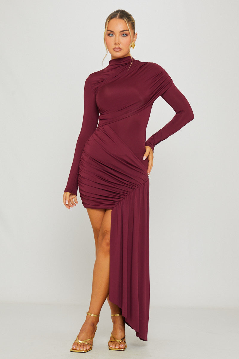Wine High-Neck Full Sleeve Drapey Mini Dress - AMRONI