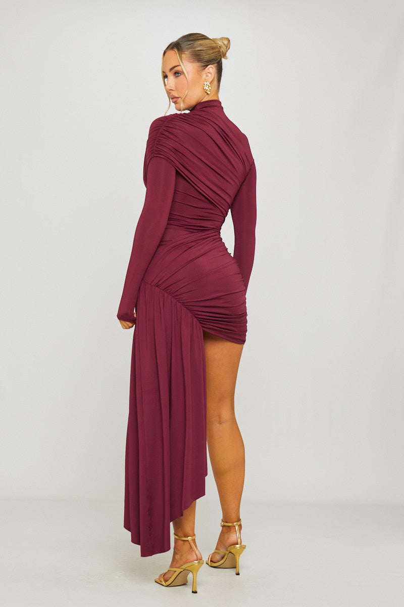 Wine High-Neck Full Sleeve Drapey Mini Dress - AMRONI