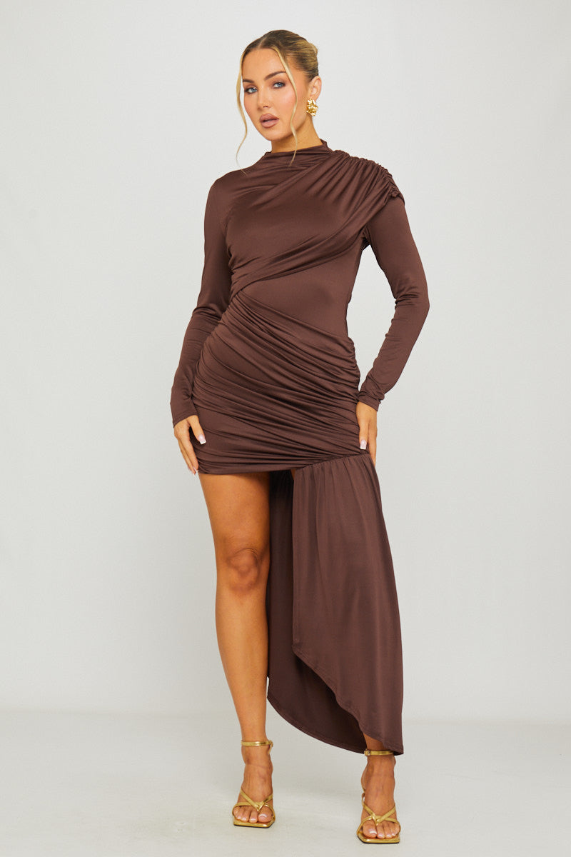Brown Mock Neck Full Sleeve Drape-Front Mini Dress