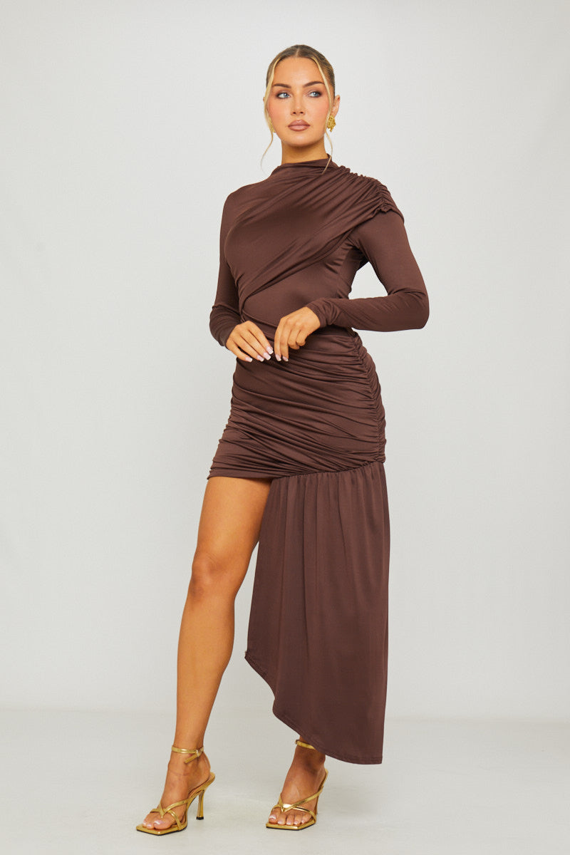 Brown Mock Neck Full Sleeve Drape-Front Mini Dress
