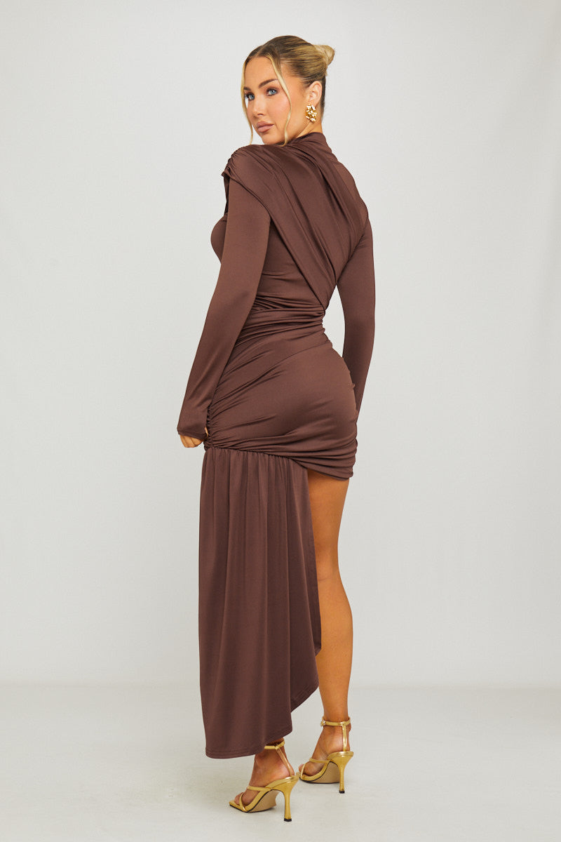 Brown Mock Neck Full Sleeve Drape-Front Mini Dress