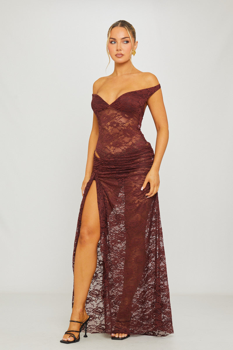 Lace Off Shoulder Bodysuit & Maxi Skirt Co-Ord in Brown