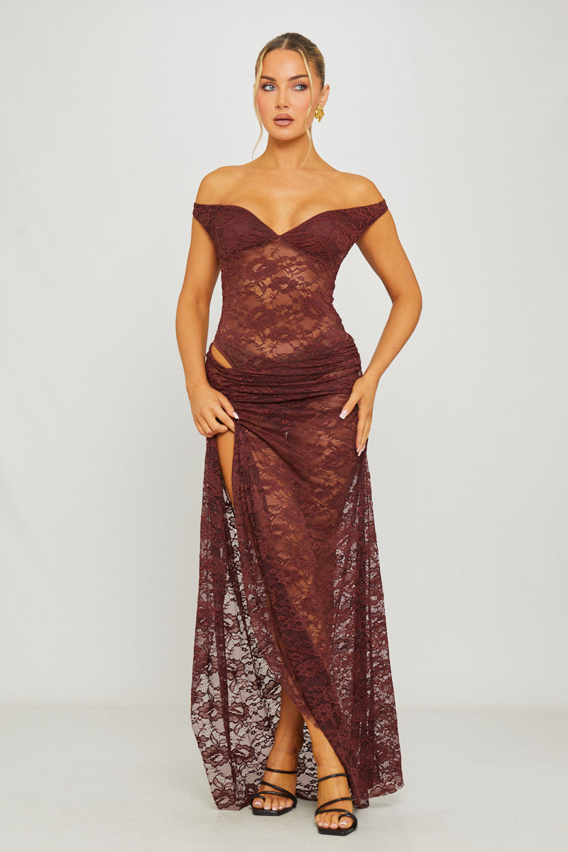 Lace Off Shoulder Bodysuit & Maxi Skirt Co-Ord in Brown