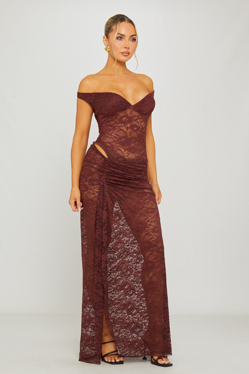 Lace Off Shoulder Bodysuit & Maxi Skirt Co-Ord in Brown