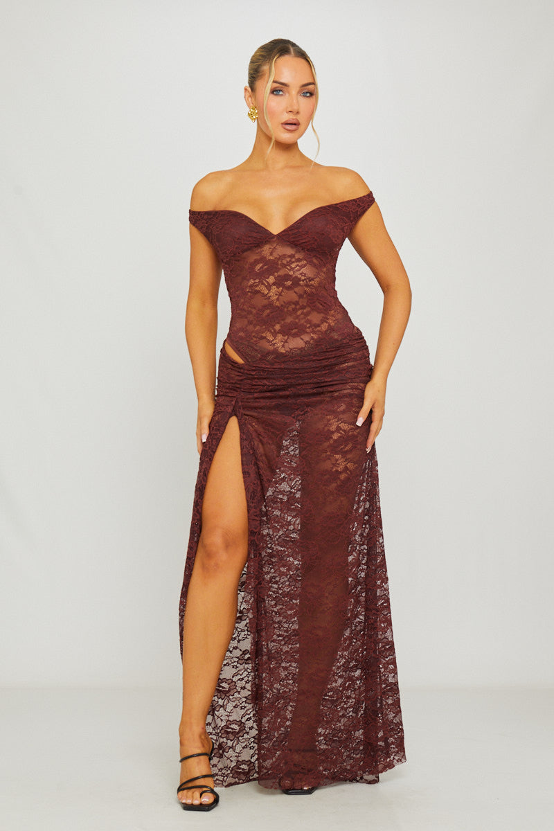 Lace Off Shoulder Bodysuit & Maxi Skirt Co-Ord in Brown