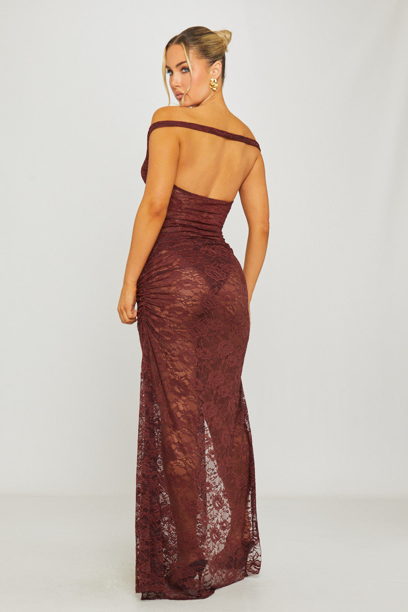 Lace Off Shoulder Bodysuit & Maxi Skirt Co-Ord in Brown