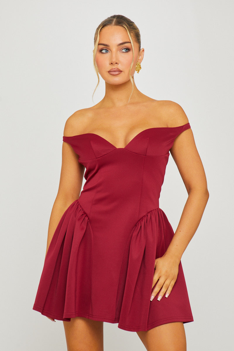 Off Shoulder Drop-Waist Wine Mini Dress