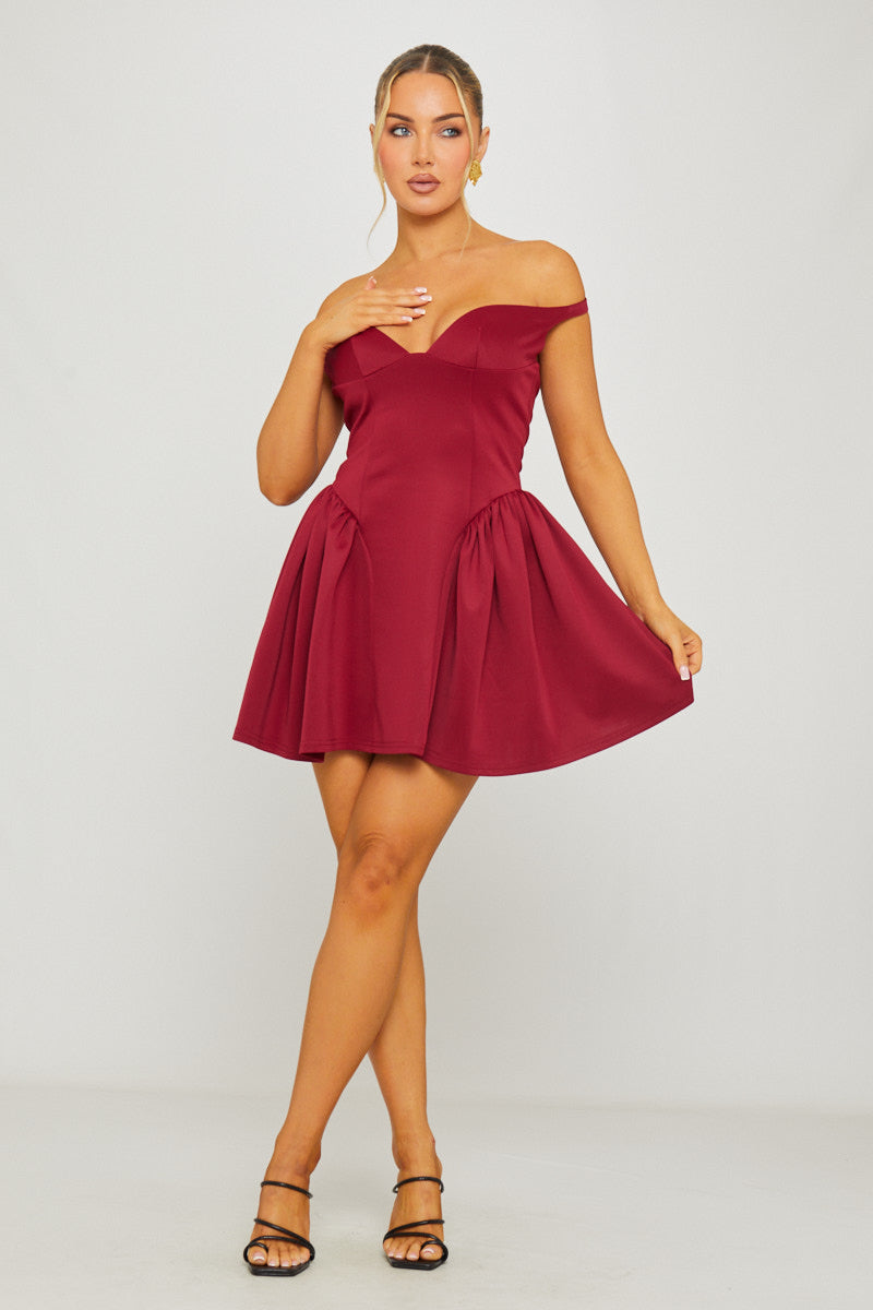 Off Shoulder Drop-Waist Wine Mini Dress