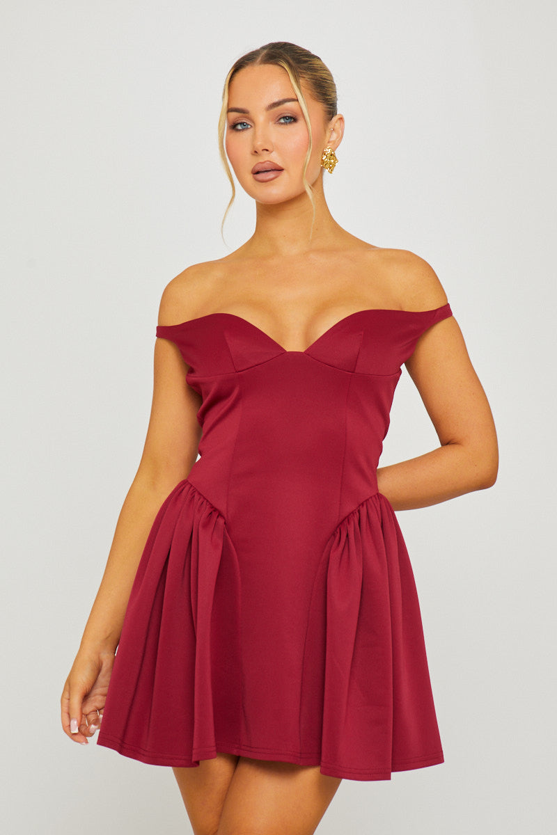 Off Shoulder Drop-Waist Wine Mini Dress