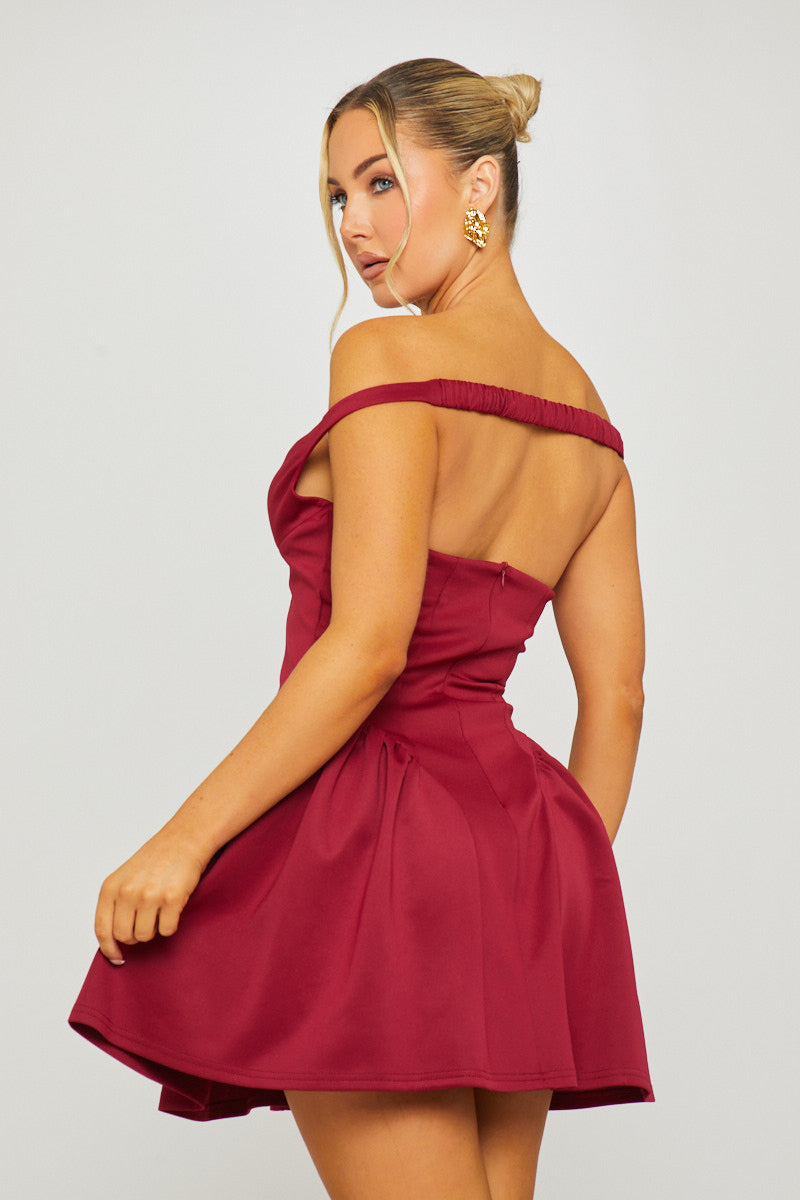 Off Shoulder Drop-Waist Wine Mini Dress