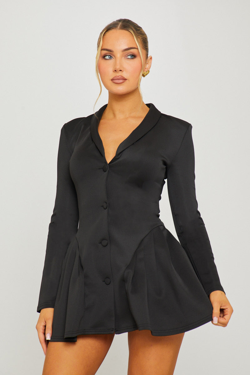 Black Mini Dress - Button-Down Full Sleeve Pleat-Detail Blazer
