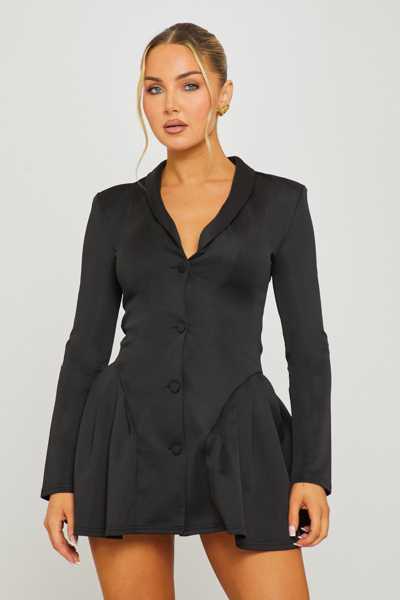 Black Mini Dress - Button-Down Full Sleeve Pleat-Detail Blazer