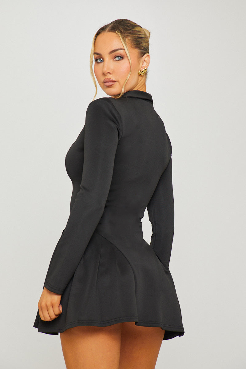 Black Mini Dress - Button-Down Full Sleeve Pleat-Detail Blazer