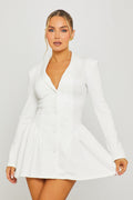 Button-Down Long-Sleeve Pleat-Detail Blazer White Mini Dress