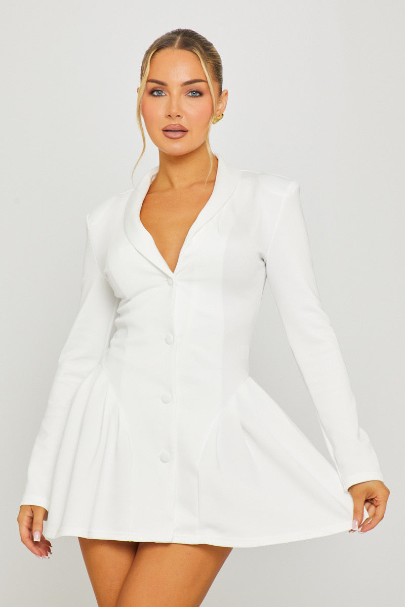 Button-Down Long-Sleeve Pleat-Detail Blazer White Mini Dress