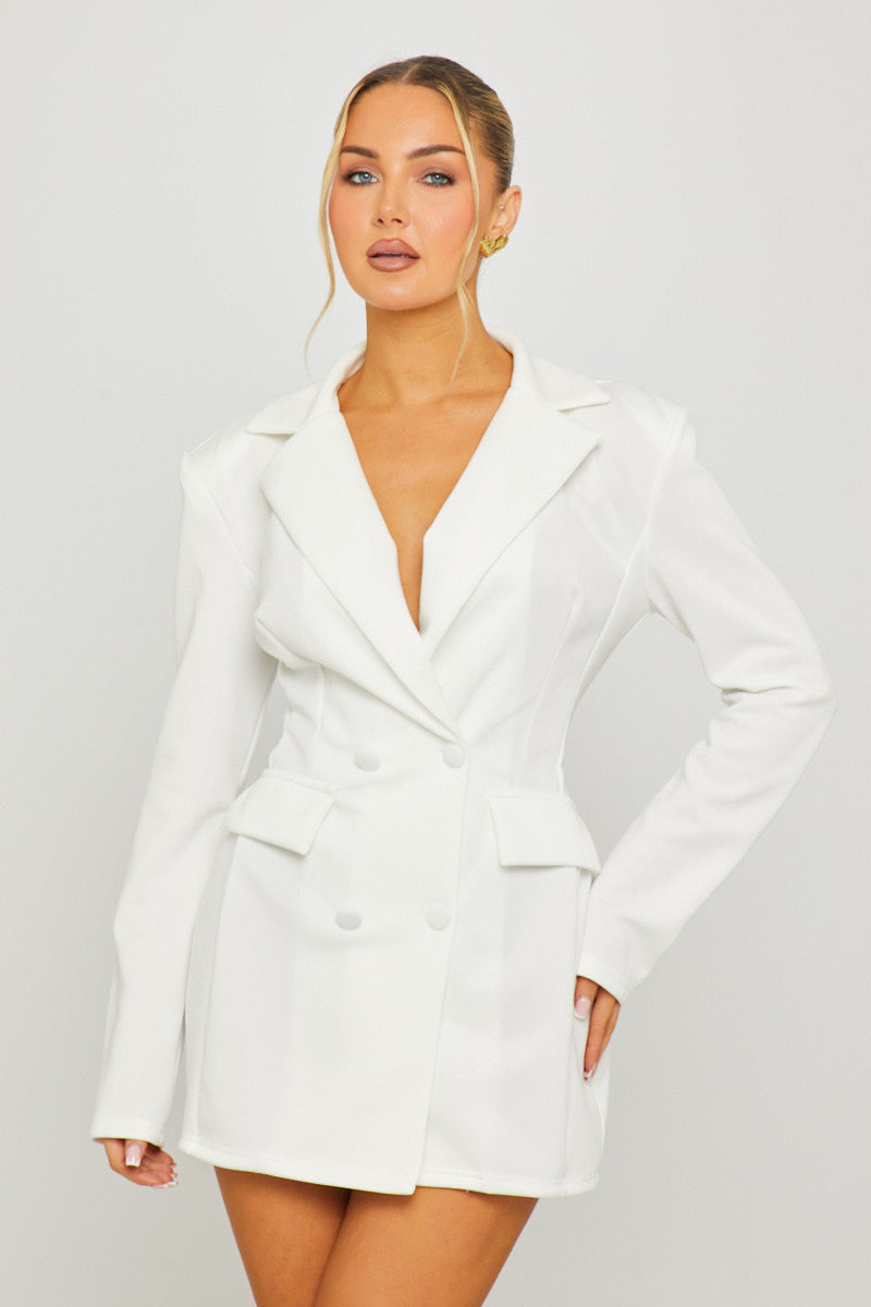 White Double Breasted Button-Down Blazer Mini Dress