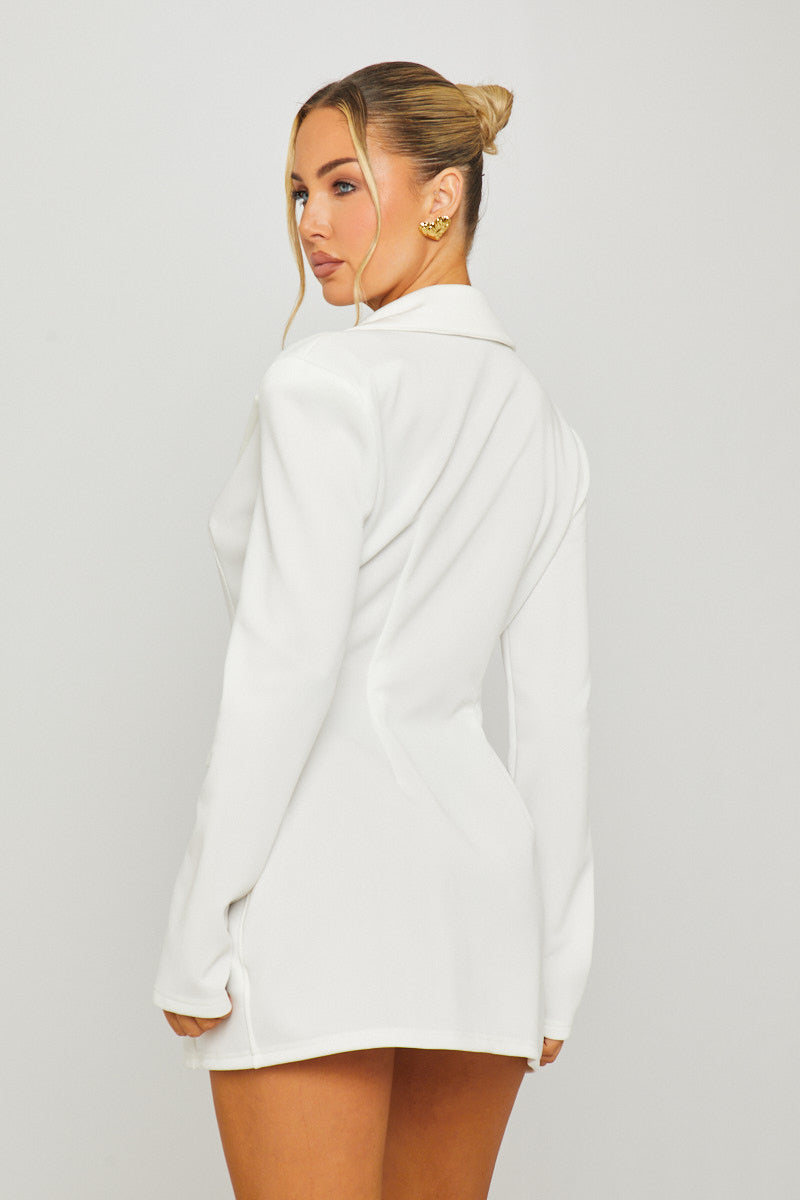 White Double Breasted Button-Down Blazer Mini Dress