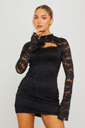 Black Mini Dress - Lace-Trim High Neck Full Sleeve