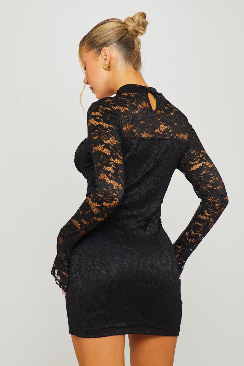 Black Mini Dress - Lace-Trim High Neck Full Sleeve