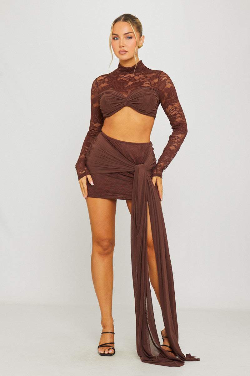 Lace High Neck Crop Top & Draped Mini Skirt Co-Ord in Brown